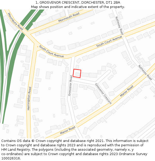 1, GROSVENOR CRESCENT, DORCHESTER, DT1 2BA: Location map and indicative extent of plot