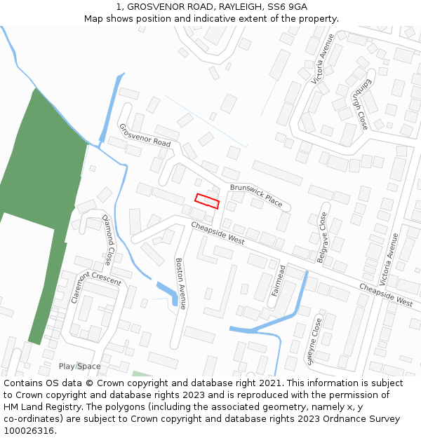 1, GROSVENOR ROAD, RAYLEIGH, SS6 9GA: Location map and indicative extent of plot