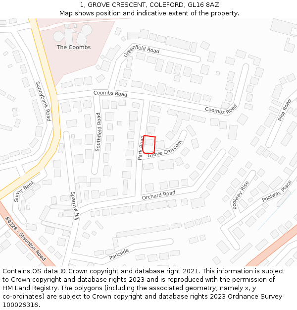 1, GROVE CRESCENT, COLEFORD, GL16 8AZ: Location map and indicative extent of plot