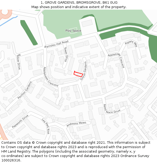 1, GROVE GARDENS, BROMSGROVE, B61 0UG: Location map and indicative extent of plot