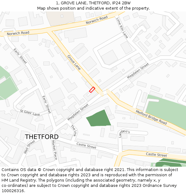 1, GROVE LANE, THETFORD, IP24 2BW: Location map and indicative extent of plot