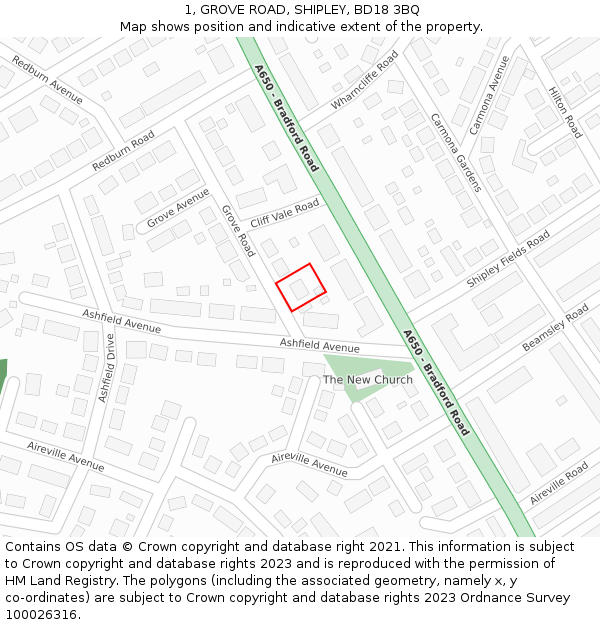 1, GROVE ROAD, SHIPLEY, BD18 3BQ: Location map and indicative extent of plot