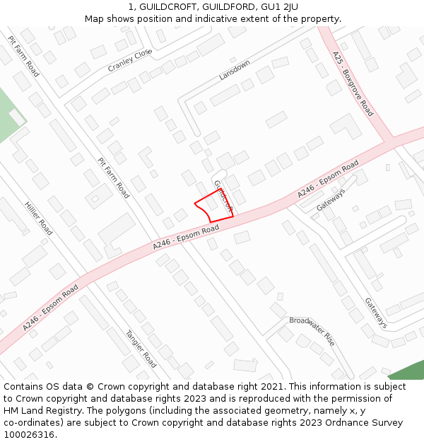 1, GUILDCROFT, GUILDFORD, GU1 2JU: Location map and indicative extent of plot