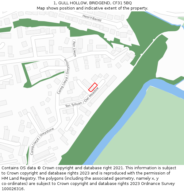 1, GULL HOLLOW, BRIDGEND, CF31 5BQ: Location map and indicative extent of plot