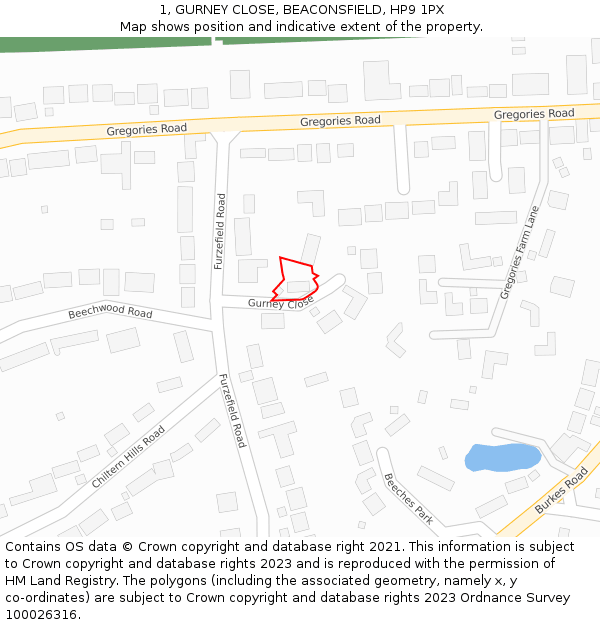 1, GURNEY CLOSE, BEACONSFIELD, HP9 1PX: Location map and indicative extent of plot