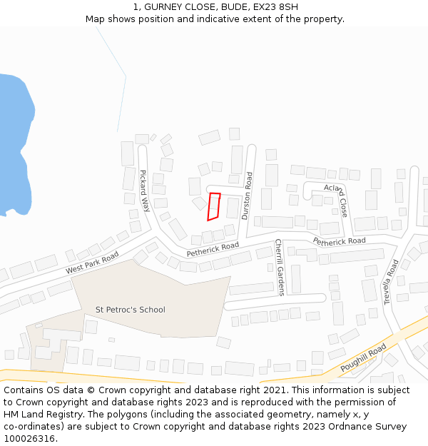 1, GURNEY CLOSE, BUDE, EX23 8SH: Location map and indicative extent of plot