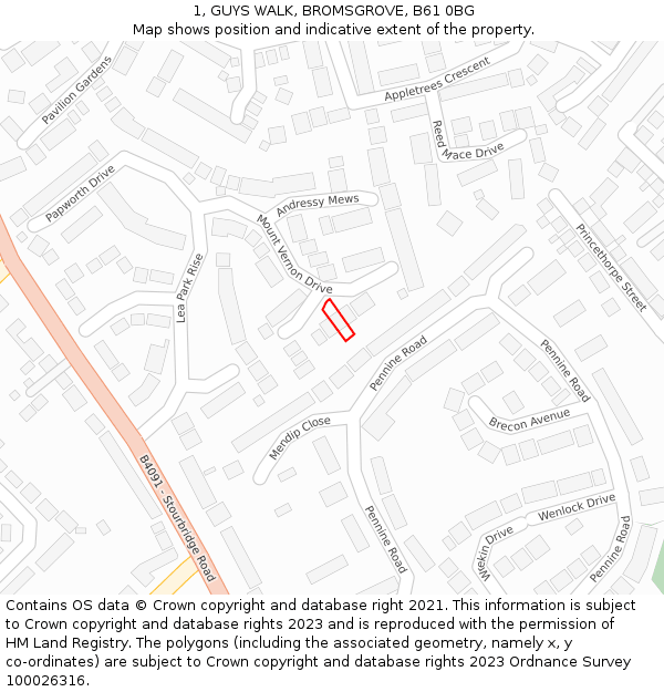 1, GUYS WALK, BROMSGROVE, B61 0BG: Location map and indicative extent of plot