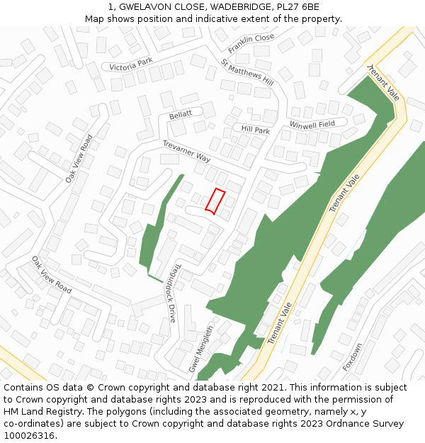 1, GWELAVON CLOSE, WADEBRIDGE, PL27 6BE: Location map and indicative extent of plot