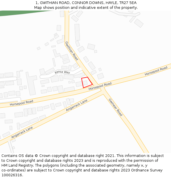 1, GWITHIAN ROAD, CONNOR DOWNS, HAYLE, TR27 5EA: Location map and indicative extent of plot