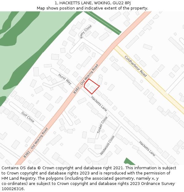 1, HACKETTS LANE, WOKING, GU22 8PJ: Location map and indicative extent of plot