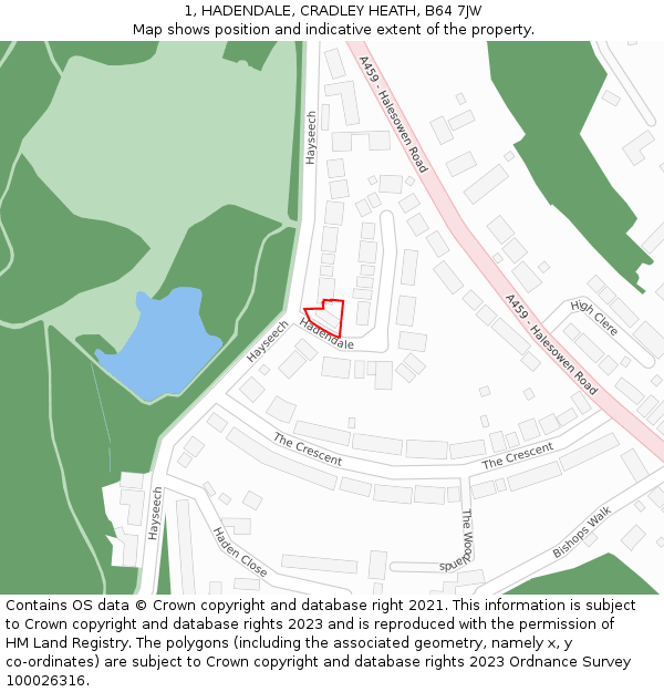 1, HADENDALE, CRADLEY HEATH, B64 7JW: Location map and indicative extent of plot