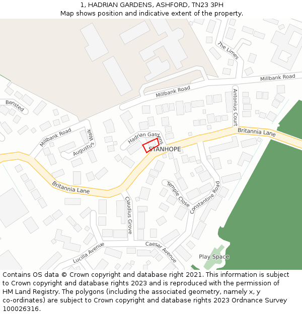 1, HADRIAN GARDENS, ASHFORD, TN23 3PH: Location map and indicative extent of plot