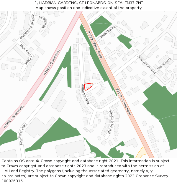 1, HADRIAN GARDENS, ST LEONARDS-ON-SEA, TN37 7NT: Location map and indicative extent of plot