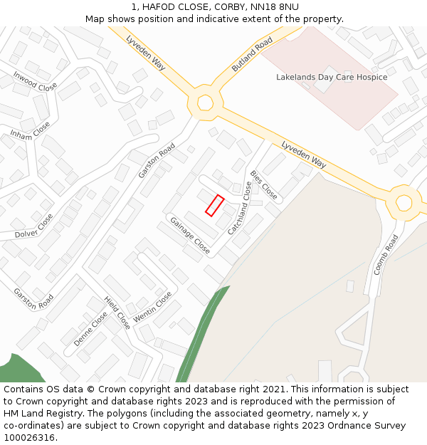 1, HAFOD CLOSE, CORBY, NN18 8NU: Location map and indicative extent of plot