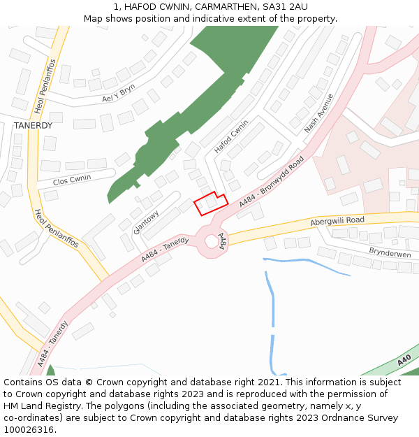 1, HAFOD CWNIN, CARMARTHEN, SA31 2AU: Location map and indicative extent of plot