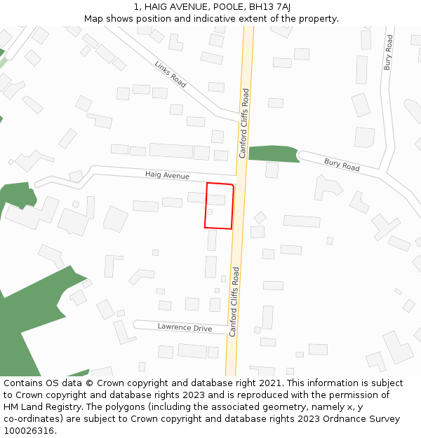 1, HAIG AVENUE, POOLE, BH13 7AJ: Location map and indicative extent of plot