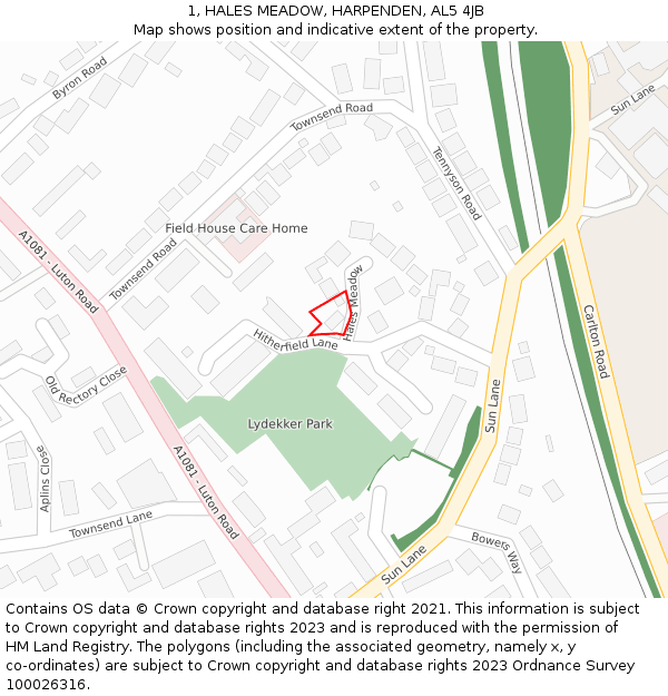 1, HALES MEADOW, HARPENDEN, AL5 4JB: Location map and indicative extent of plot