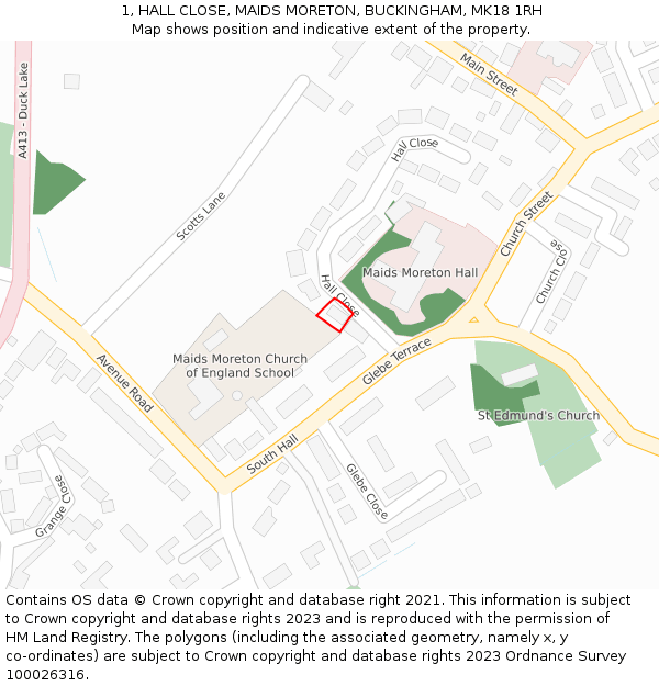 1, HALL CLOSE, MAIDS MORETON, BUCKINGHAM, MK18 1RH: Location map and indicative extent of plot