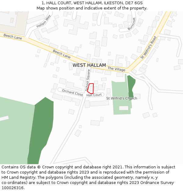 1, HALL COURT, WEST HALLAM, ILKESTON, DE7 6GS: Location map and indicative extent of plot