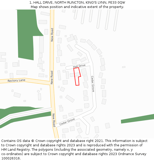 1, HALL DRIVE, NORTH RUNCTON, KING'S LYNN, PE33 0QW: Location map and indicative extent of plot