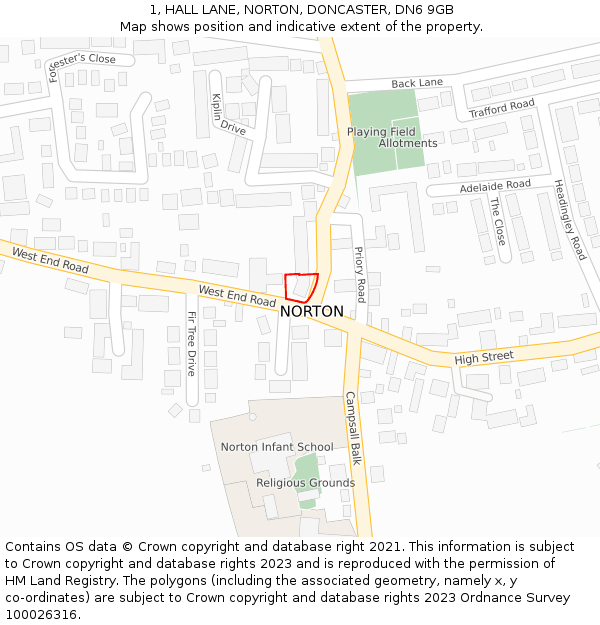 1, HALL LANE, NORTON, DONCASTER, DN6 9GB: Location map and indicative extent of plot