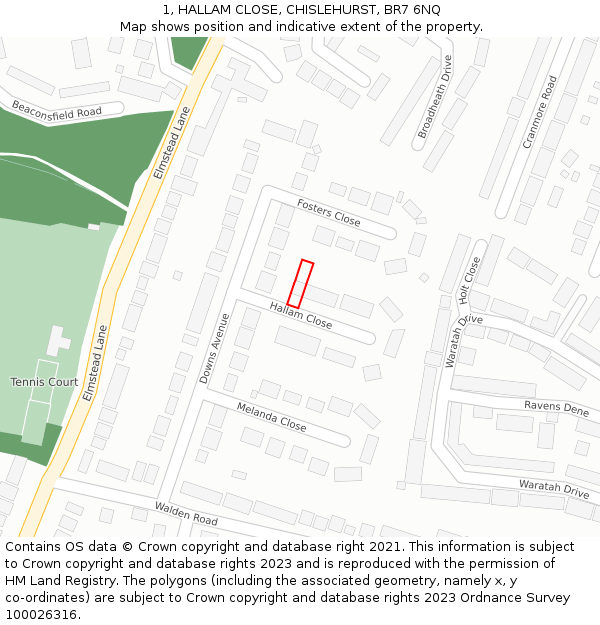 1, HALLAM CLOSE, CHISLEHURST, BR7 6NQ: Location map and indicative extent of plot