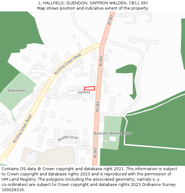 1, HALLFIELD, QUENDON, SAFFRON WALDEN, CB11 3XY: Location map and indicative extent of plot