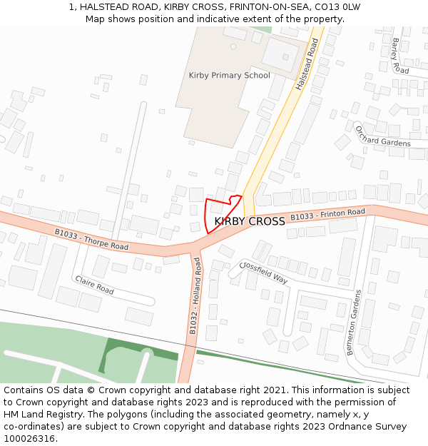 1, HALSTEAD ROAD, KIRBY CROSS, FRINTON-ON-SEA, CO13 0LW: Location map and indicative extent of plot