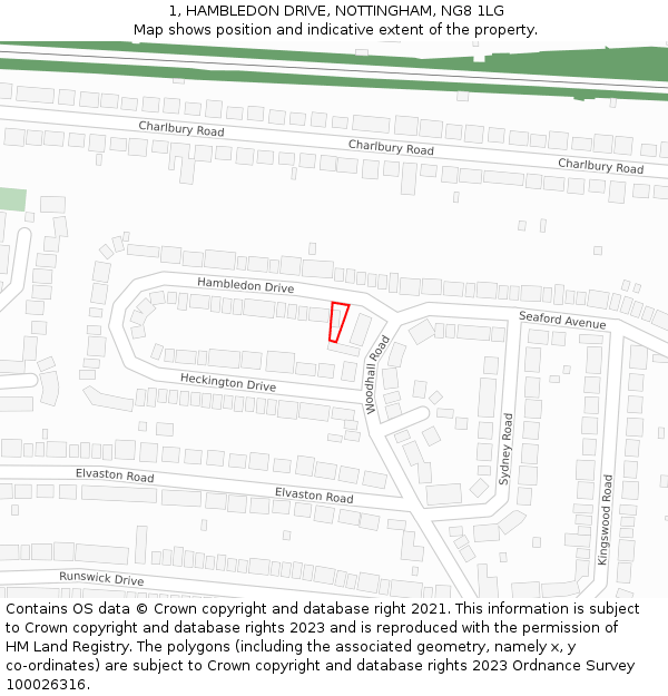 1, HAMBLEDON DRIVE, NOTTINGHAM, NG8 1LG: Location map and indicative extent of plot