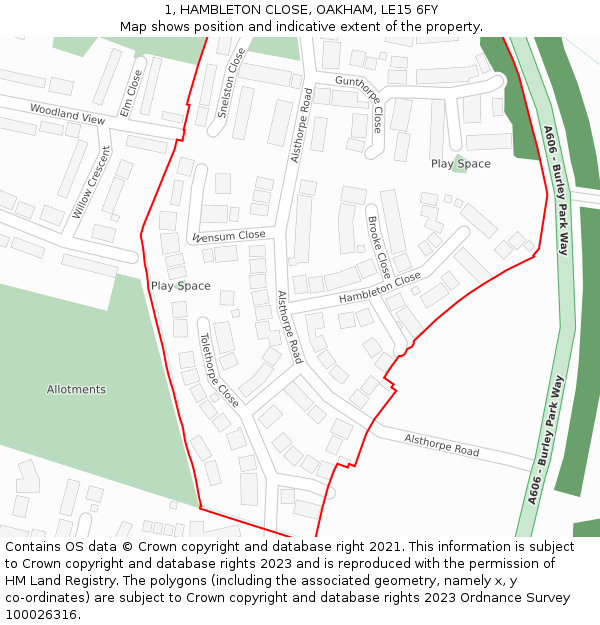 1, HAMBLETON CLOSE, OAKHAM, LE15 6FY: Location map and indicative extent of plot