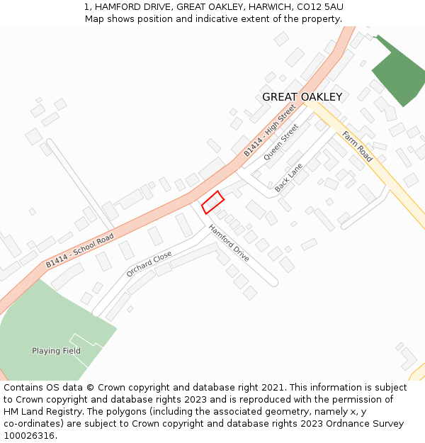 1, HAMFORD DRIVE, GREAT OAKLEY, HARWICH, CO12 5AU: Location map and indicative extent of plot