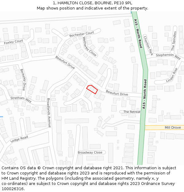 1, HAMILTON CLOSE, BOURNE, PE10 9PL: Location map and indicative extent of plot