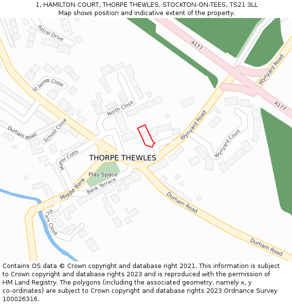 1, HAMILTON COURT, THORPE THEWLES, STOCKTON-ON-TEES, TS21 3LL: Location map and indicative extent of plot