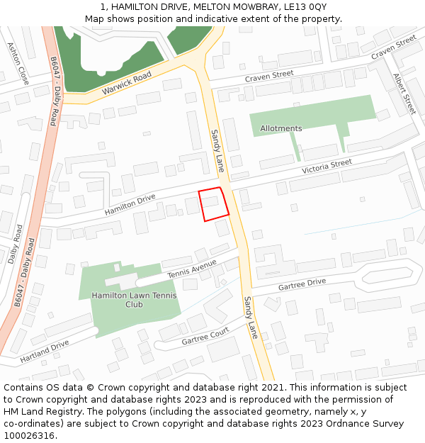 1, HAMILTON DRIVE, MELTON MOWBRAY, LE13 0QY: Location map and indicative extent of plot
