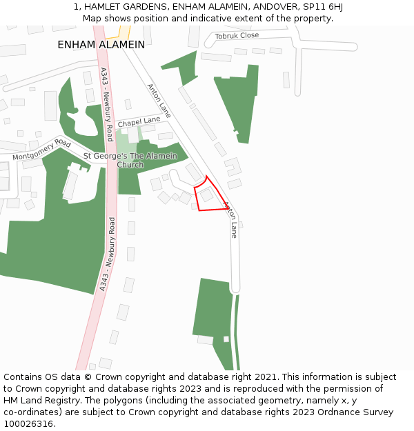 1, HAMLET GARDENS, ENHAM ALAMEIN, ANDOVER, SP11 6HJ: Location map and indicative extent of plot
