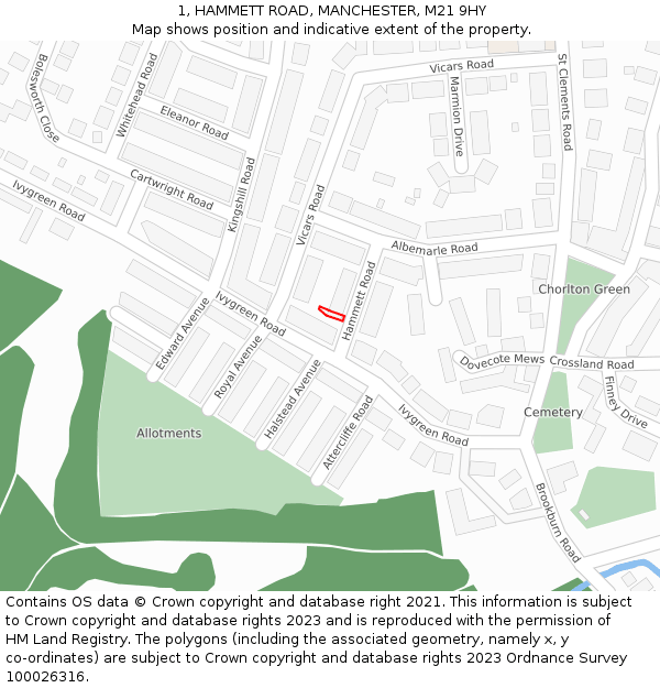 1, HAMMETT ROAD, MANCHESTER, M21 9HY: Location map and indicative extent of plot