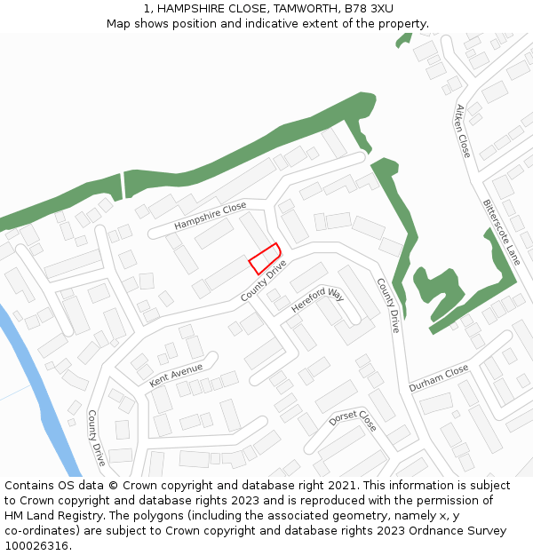 1, HAMPSHIRE CLOSE, TAMWORTH, B78 3XU: Location map and indicative extent of plot