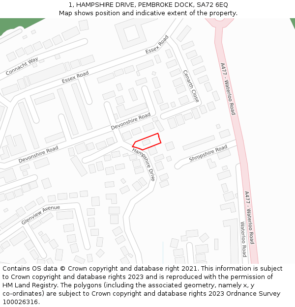 1, HAMPSHIRE DRIVE, PEMBROKE DOCK, SA72 6EQ: Location map and indicative extent of plot