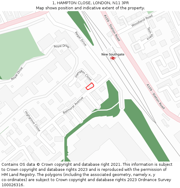 1, HAMPTON CLOSE, LONDON, N11 3PR: Location map and indicative extent of plot
