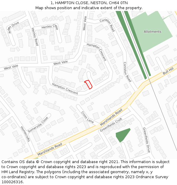 1, HAMPTON CLOSE, NESTON, CH64 0TN: Location map and indicative extent of plot