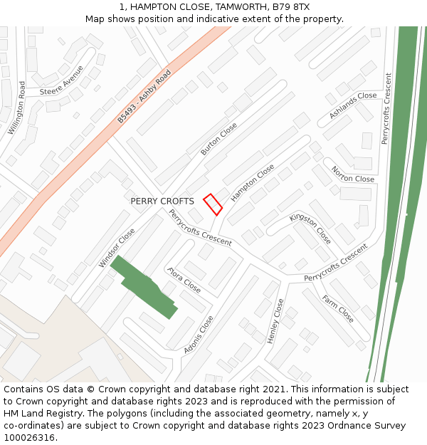 1, HAMPTON CLOSE, TAMWORTH, B79 8TX: Location map and indicative extent of plot