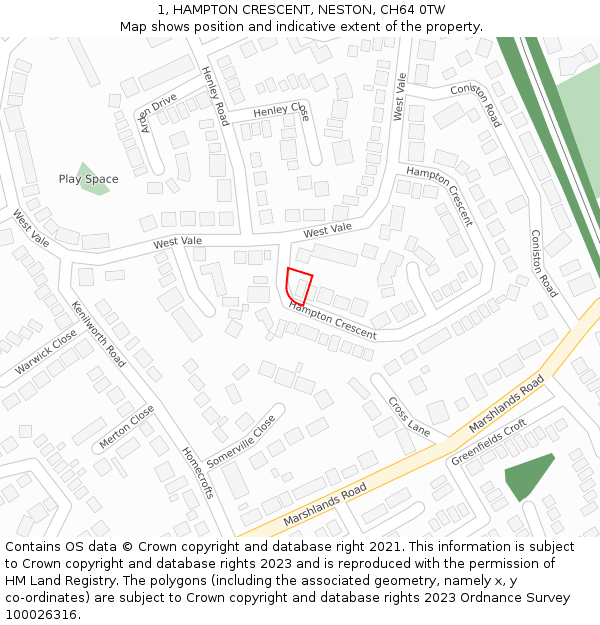 1, HAMPTON CRESCENT, NESTON, CH64 0TW: Location map and indicative extent of plot