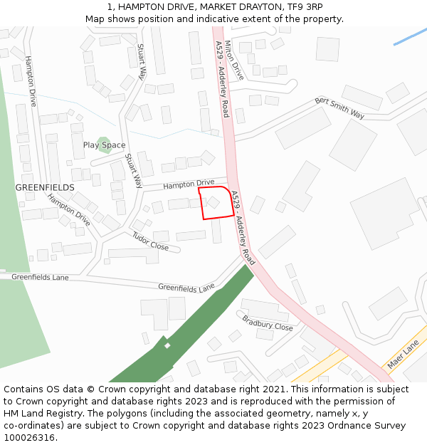 1, HAMPTON DRIVE, MARKET DRAYTON, TF9 3RP: Location map and indicative extent of plot