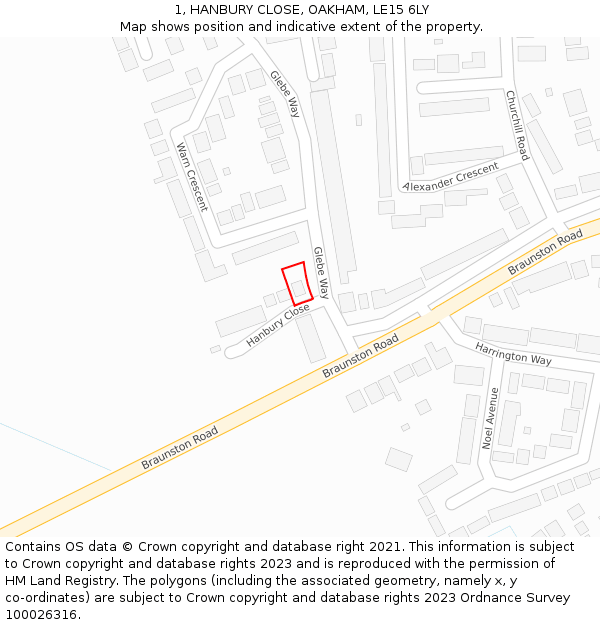 1, HANBURY CLOSE, OAKHAM, LE15 6LY: Location map and indicative extent of plot