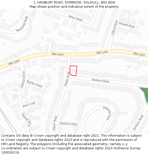 1, HANBURY ROAD, DORRIDGE, SOLIHULL, B93 8DW: Location map and indicative extent of plot