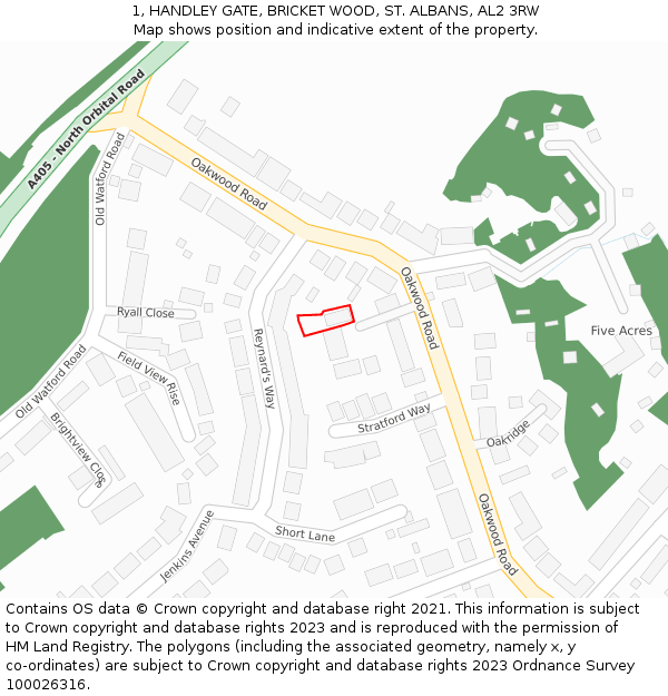 1, HANDLEY GATE, BRICKET WOOD, ST. ALBANS, AL2 3RW: Location map and indicative extent of plot