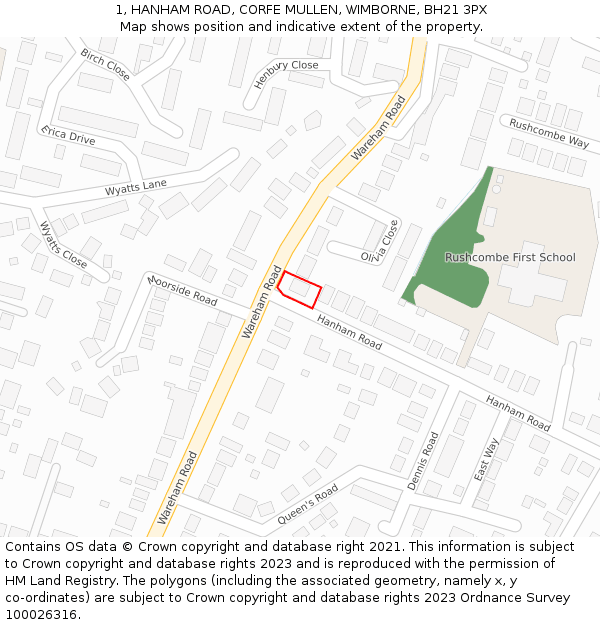 1, HANHAM ROAD, CORFE MULLEN, WIMBORNE, BH21 3PX: Location map and indicative extent of plot