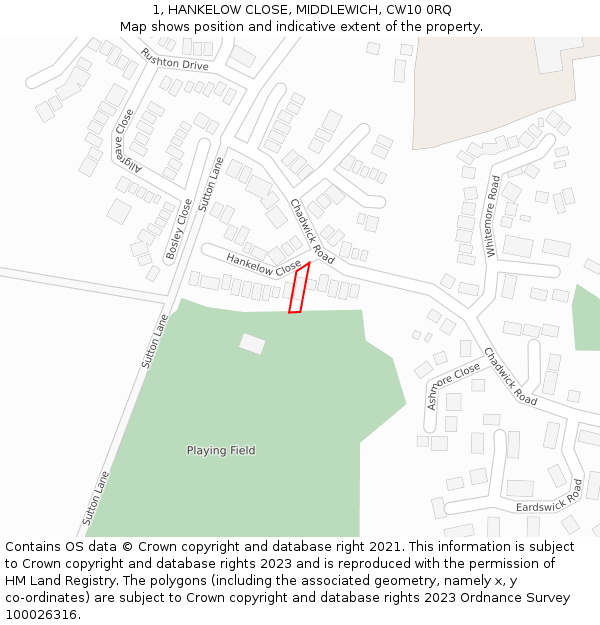 1, HANKELOW CLOSE, MIDDLEWICH, CW10 0RQ: Location map and indicative extent of plot