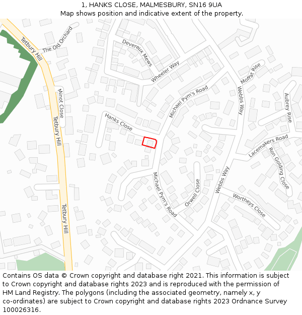 1, HANKS CLOSE, MALMESBURY, SN16 9UA: Location map and indicative extent of plot