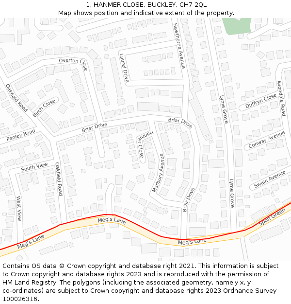 1, HANMER CLOSE, BUCKLEY, CH7 2QL: Location map and indicative extent of plot